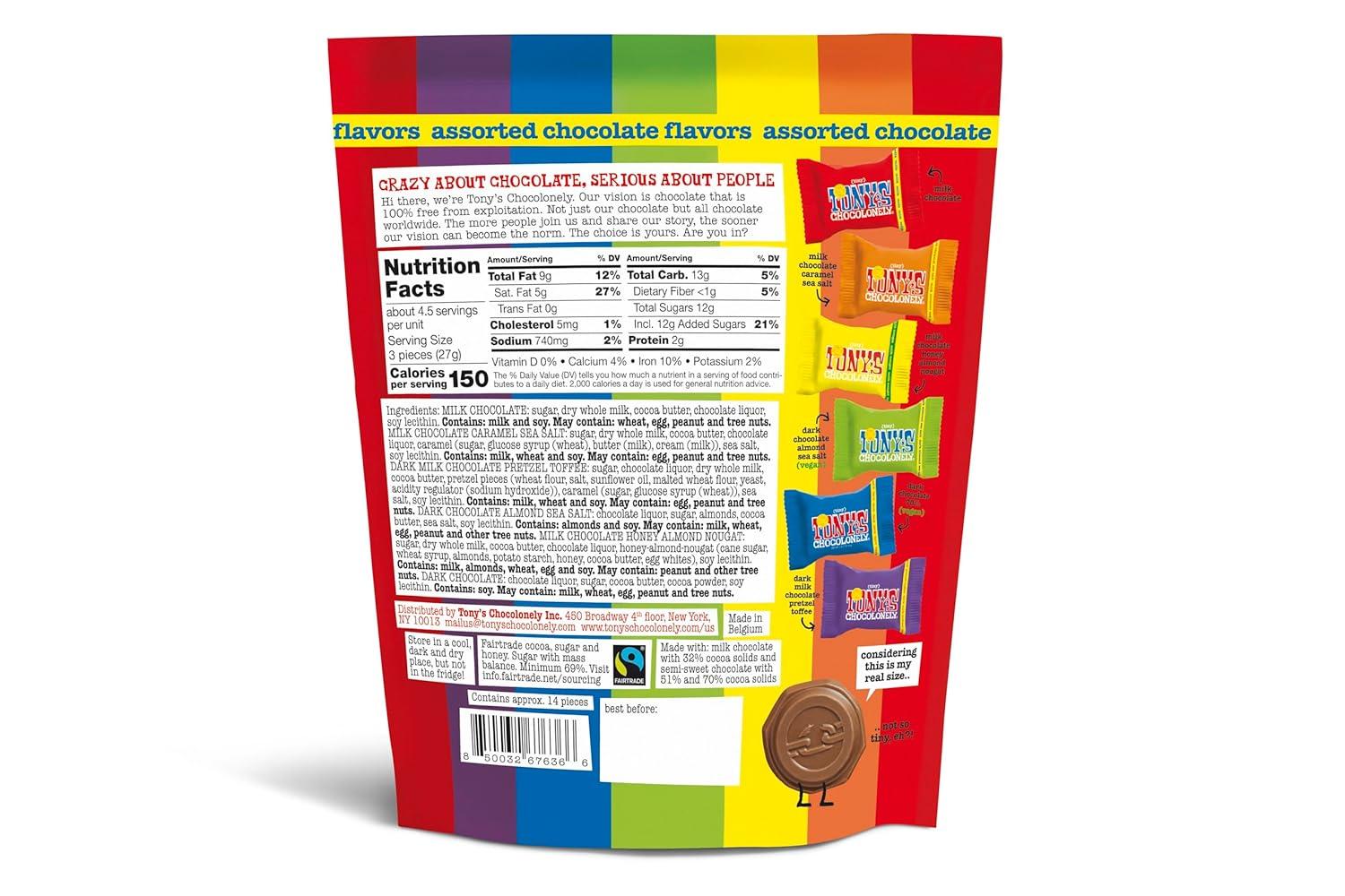 image:imageTonys Chocolonely Assorted Chocolate Candy Pieces Belgian Milk amp Dark Chocolate Caramel Sea Salt Almond Sea Salt Honey Almond Nougat Pretzel Toffee Quality Fairtrade Cocoa 36 Count 1128 OzAssorted Chocolate Flavors