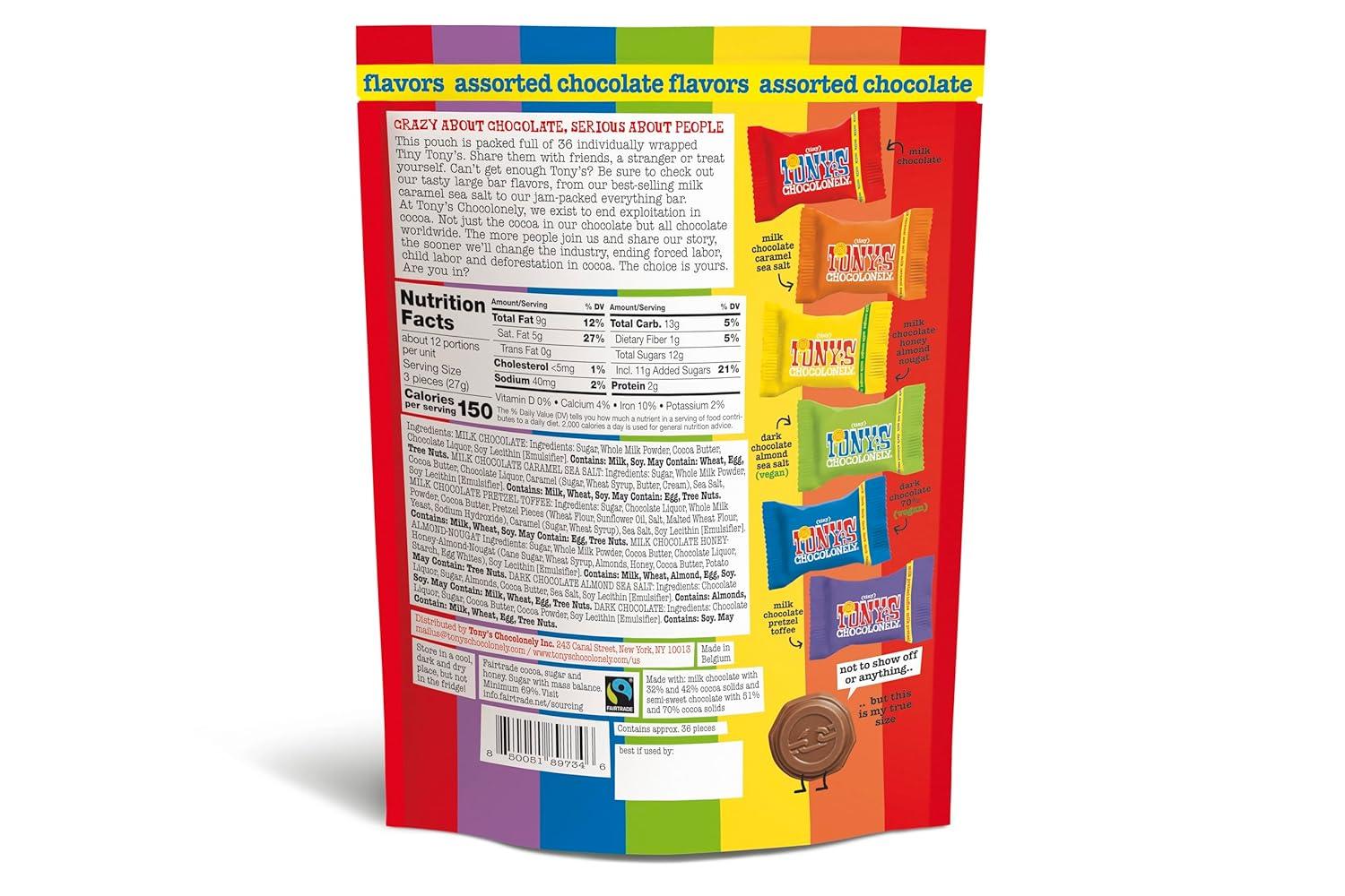 image:imageTonys Chocolonely Assorted Chocolate Candy Pieces Belgian Milk amp Dark Chocolate Caramel Sea Salt Almond Sea Salt Honey Almond Nougat Pretzel Toffee Quality Fairtrade Cocoa 36 Count 1128 OzAssorted Chocolate Flavors