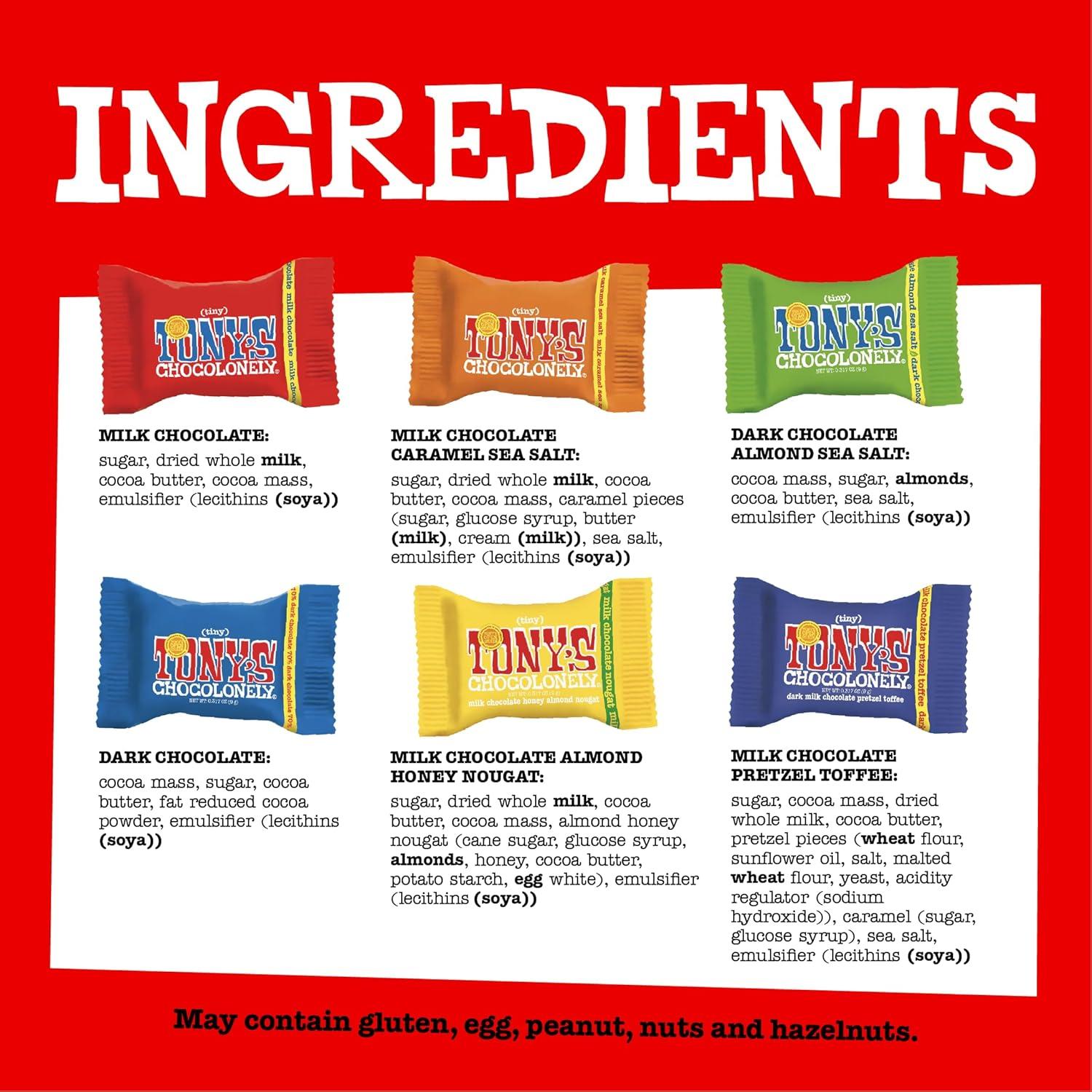 image:imageTonys Chocolonely Assorted Chocolate Candy Pieces Belgian Milk amp Dark Chocolate Caramel Sea Salt Almond Sea Salt Honey Almond Nougat Pretzel Toffee Quality Fairtrade Cocoa 36 Count 1128 OzAssorted Chocolate Flavors