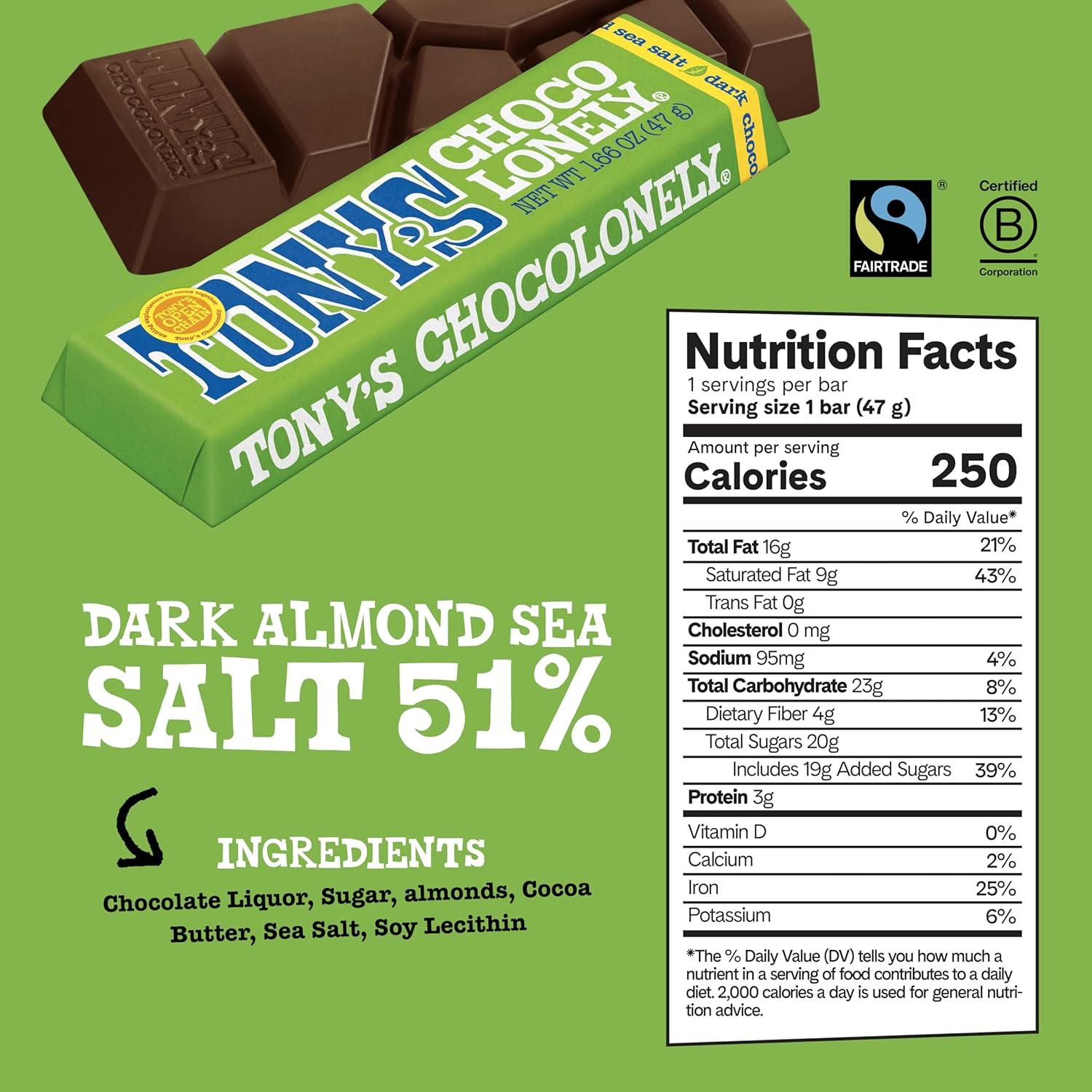 image:imageTonys Chocolonely Belgian Dark Chocolate Candy Bar With Almonds amp Sea Salt Chocolate Bars for Snacks Party Favors Gifts Vegan 51 Cacao Made From Quality Fairtrade Cocoa 20 Bars 166 Oz EachGreen Almonds Sea Salt