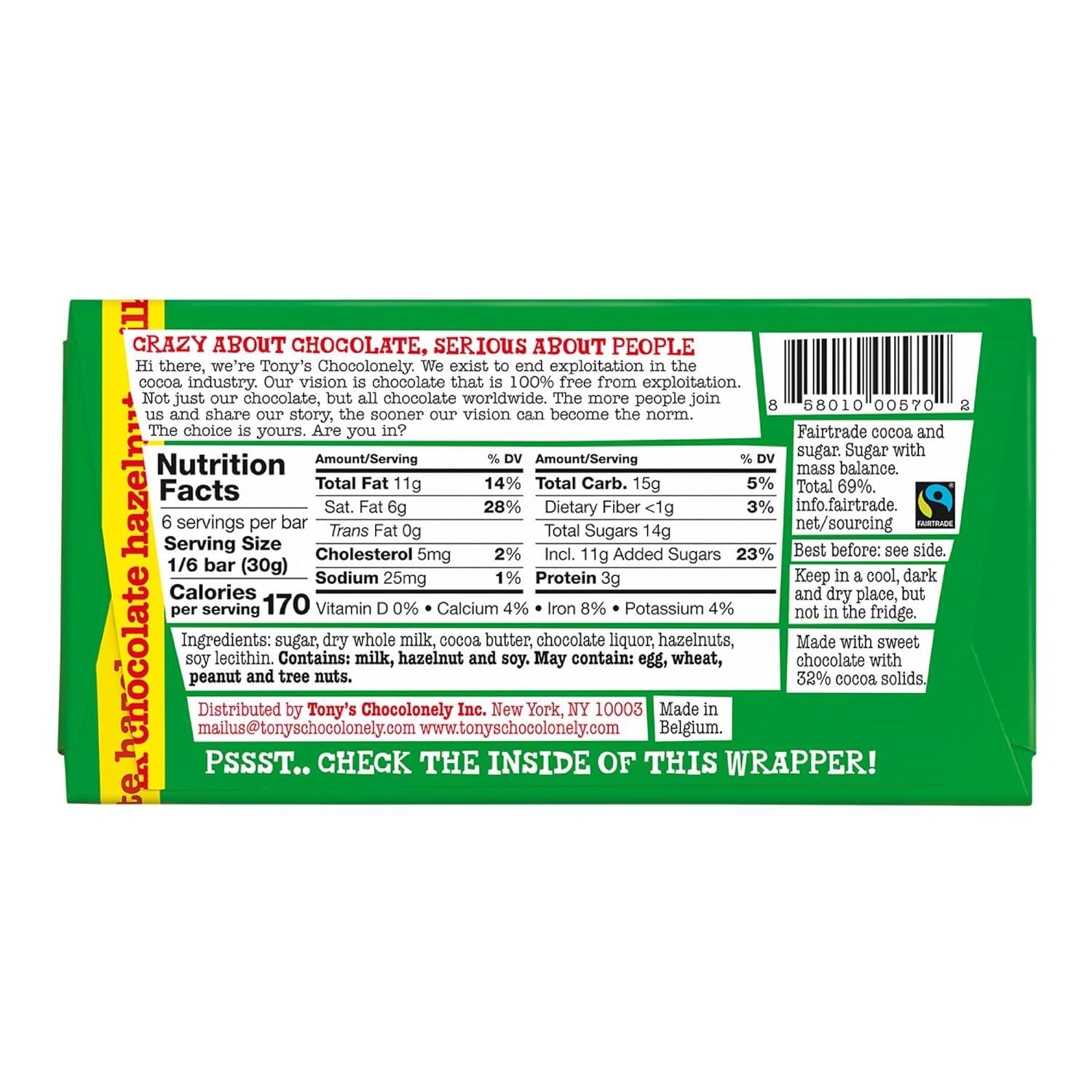 image:imageTonys Chocolonely Belgian Milk Chocolate Hazelnut Candy Bar for Snacks Chocolate Bars for Party Favors Gifts or Gift Basket 32 Cacao Made From Quality Fairtrade Cocoa 4 Bars 635 Oz EachMilk Hazelnut
