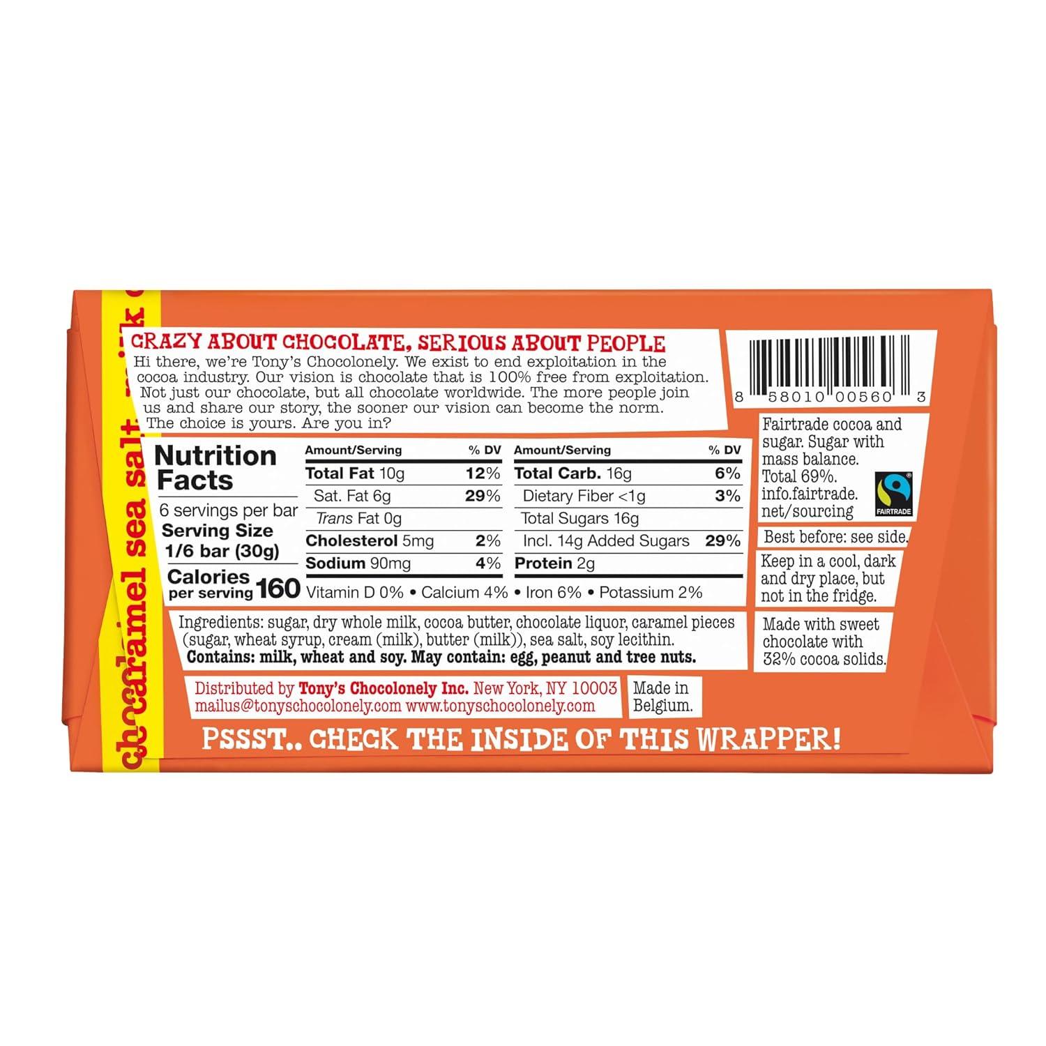 image:imageTonys Chocolonely Belgian Milk Chocolate Hazelnut Candy Bar for Snacks Chocolate Bars for Party Favors Gifts or Gift Basket 32 Cacao Made From Quality Fairtrade Cocoa 4 Bars 635 Oz EachCaramel Sea Salt