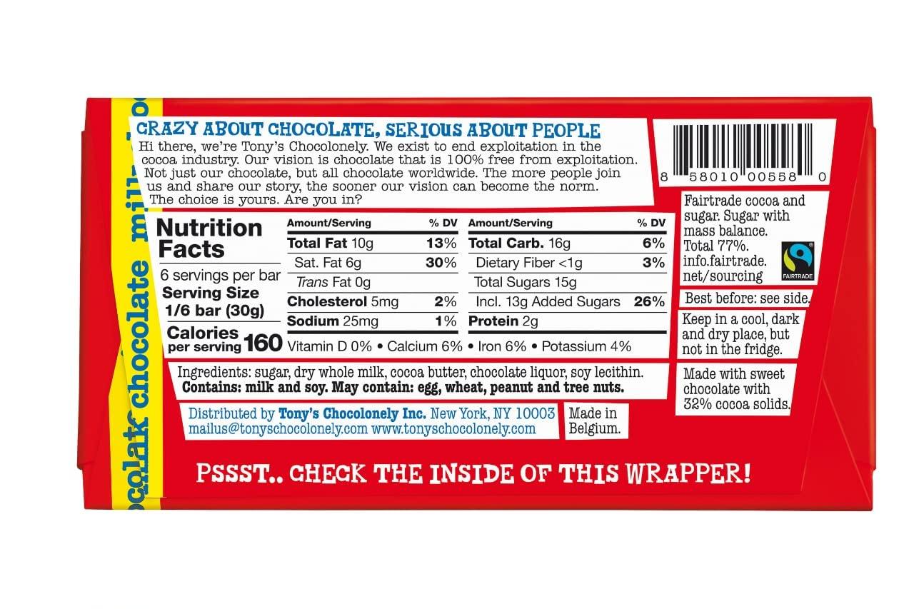 image:imageTonys Chocolonely Belgian Milk Chocolate Hazelnut Candy Bar for Snacks Chocolate Bars for Party Favors Gifts or Gift Basket 32 Cacao Made From Quality Fairtrade Cocoa 4 Bars 635 Oz EachMilk