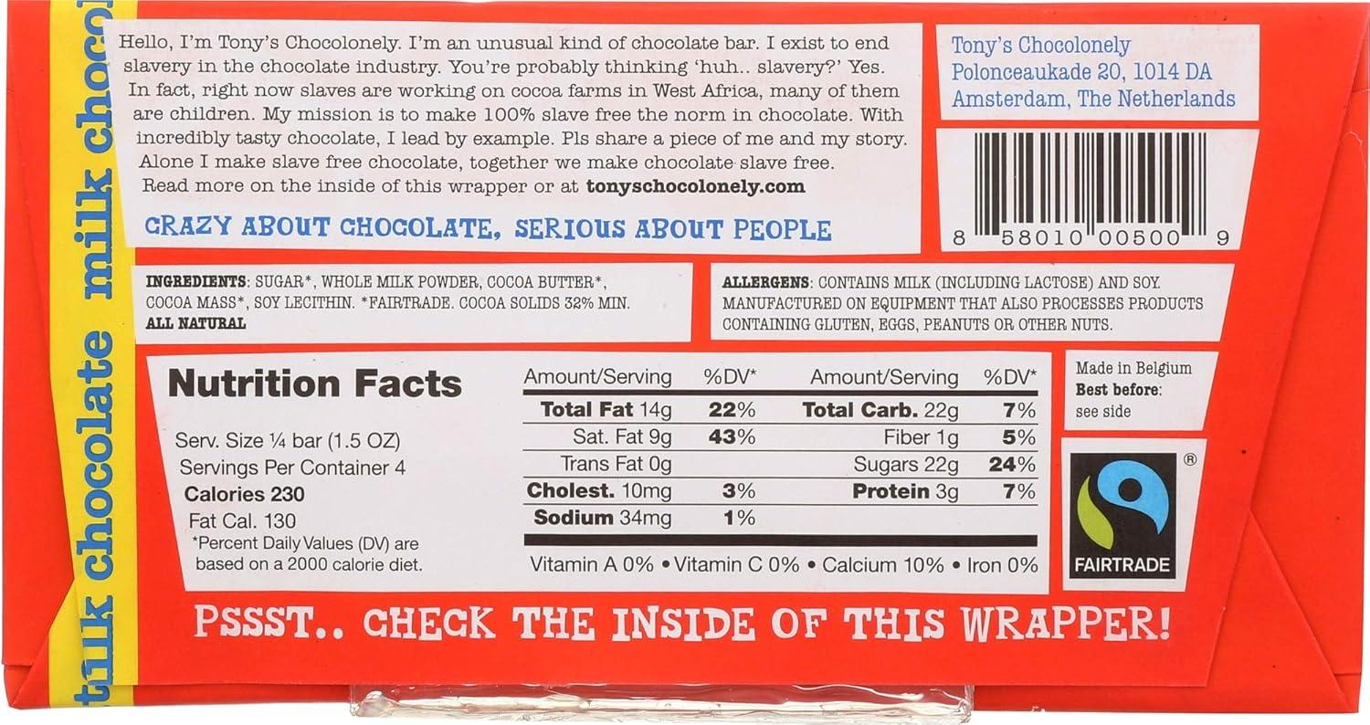 image:imageTonys Chocolonely Belgian Milk Chocolate Hazelnut Candy Bar for Snacks Chocolate Bars for Party Favors Gifts or Gift Basket 32 Cacao Made From Quality Fairtrade Cocoa 4 Bars 635 Oz EachMilk Chocolate