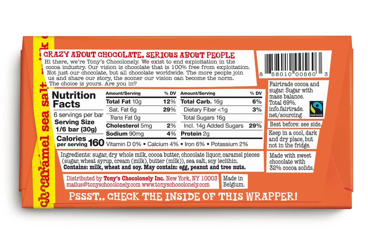 image:imageTonys Chocolonely Belgian Milk Chocolate Hazelnut Candy Bar for Snacks Chocolate Bars for Party Favors Gifts or Gift Basket 32 Cacao Made From Quality Fairtrade Cocoa 4 Bars 635 Oz EachCaramel Sea Salt