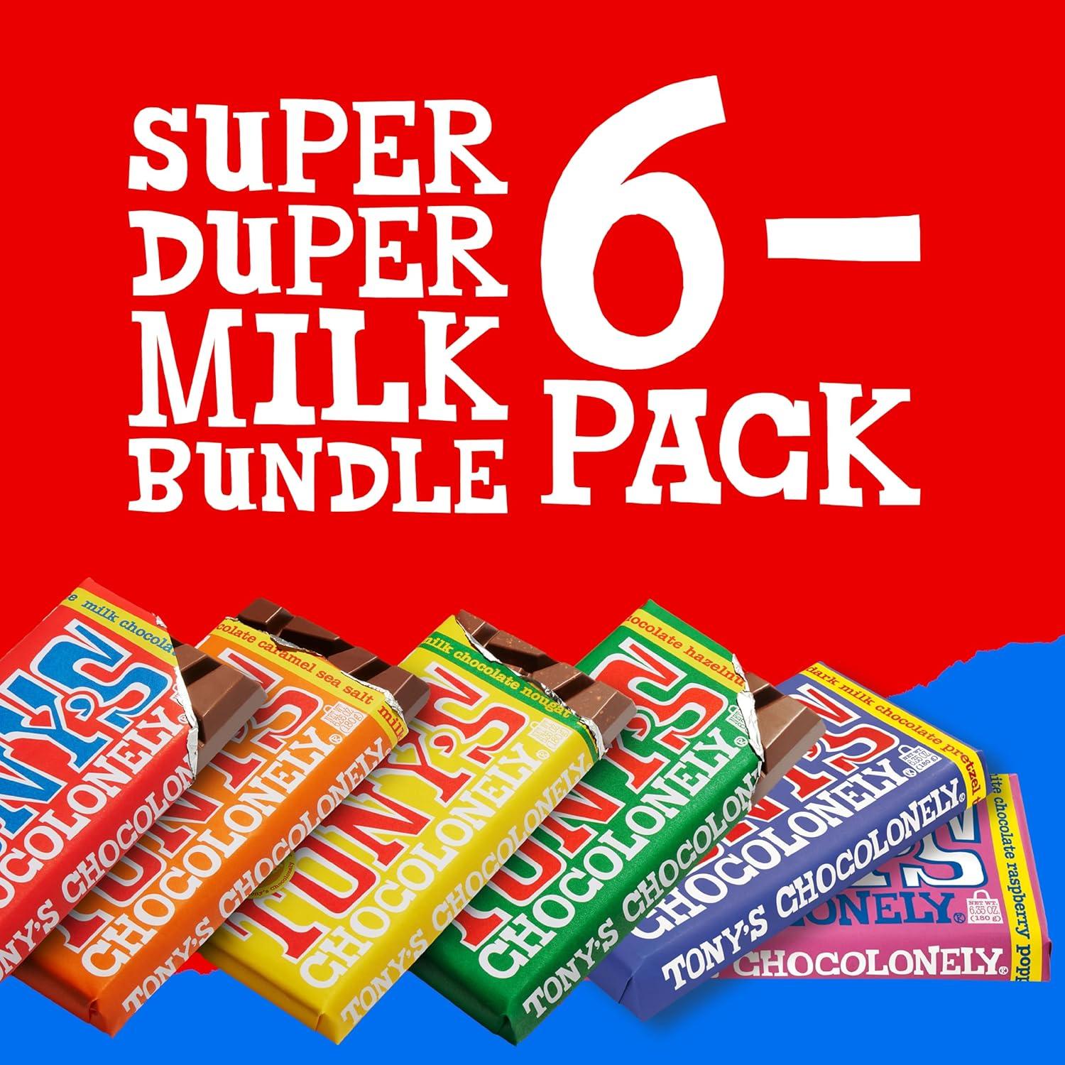 image:imageTonys Chocolonely Super Duper Milk Chocolate Candy Bar Bundle Milk amp White Chocolate With Sea Salt Caramel Pretzel Toffee Almond Hazelnut Made From Quality Fairtrade Cocoa 6 Bars 635 Oz EachSuper Duper Milk Bundle