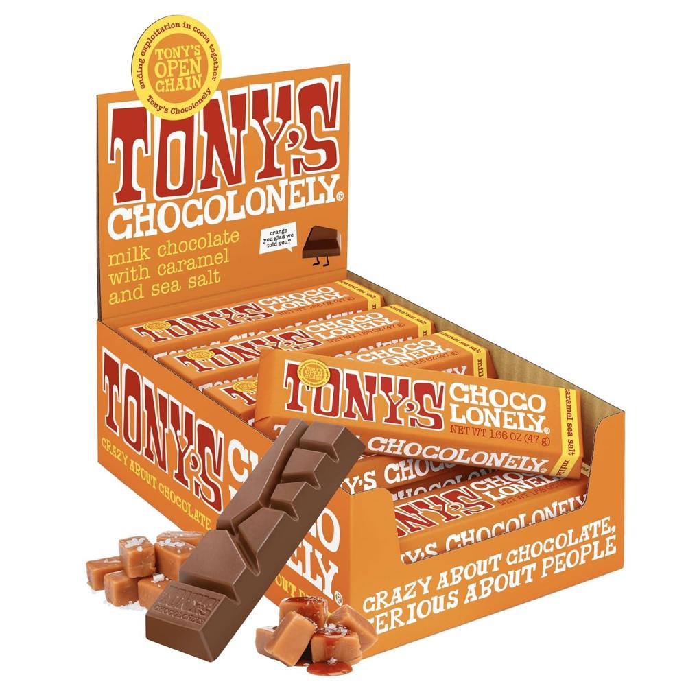 image:imageTonys Chocolonely Belgian Dark Chocolate Candy Bar With Almonds amp Sea Salt Chocolate Bars for Snacks Party Favors Gifts Vegan 51 Cacao Made From Quality Fairtrade Cocoa 20 Bars 166 Oz EachOrange Caramel Sea Salt
