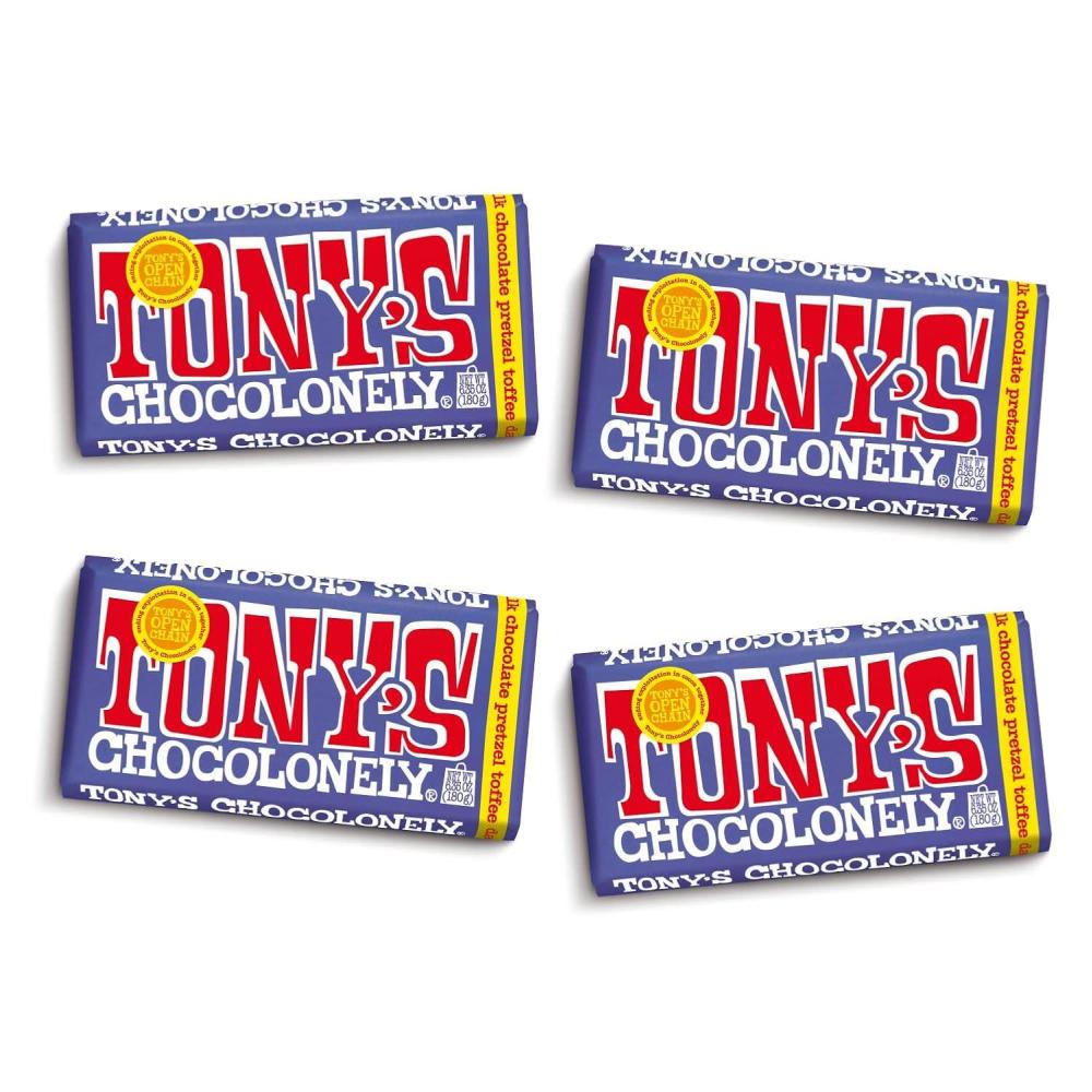 image:imageTonys Chocolonely Belgian Dark Chocolate Pure Chocolate Bar for Snacks Party Favors Gifts or Gift Basket Vegan 70 Cacao Made From Quality Fairtrade Cocoa amp B Corp Certified 635 Oz 4 BarsDark Milk Pretzel Toffee