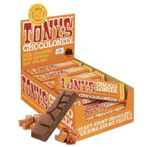 Tony’s Chocolonely Belgian Dark Chocolate Candy Bar With Almonds & Sea Salt, Chocolate Bars for Snacks, Party Favors, Gifts, Vegan, 51% Cacao, Made From Quality Fairtrade Cocoa, 20 Bars, 1.66 Oz Each(Orange (Caramel & Sea Salt))