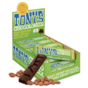 Tony’s Chocolonely Belgian Dark Chocolate Candy Bar With Almonds & Sea Salt, Chocolate Bars for Snacks, Party Favors, Gifts, Vegan, 51% Cacao, Made From Quality Fairtrade Cocoa, 20 Bars, 1.66 Oz Each(Green (Almonds & Sea Salt))